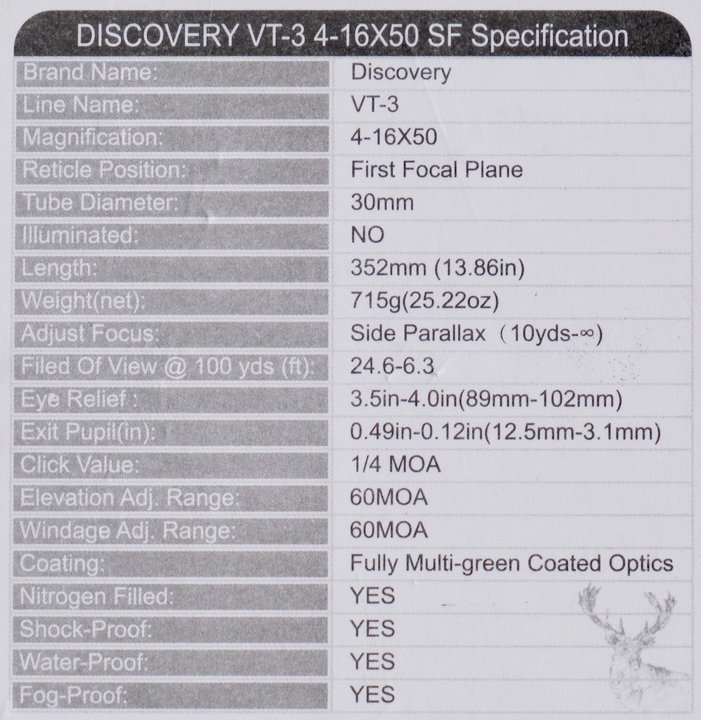 Discovery Optics VT-3 4-16X50 FFP Rifle Scope, with Big Side Wheel.