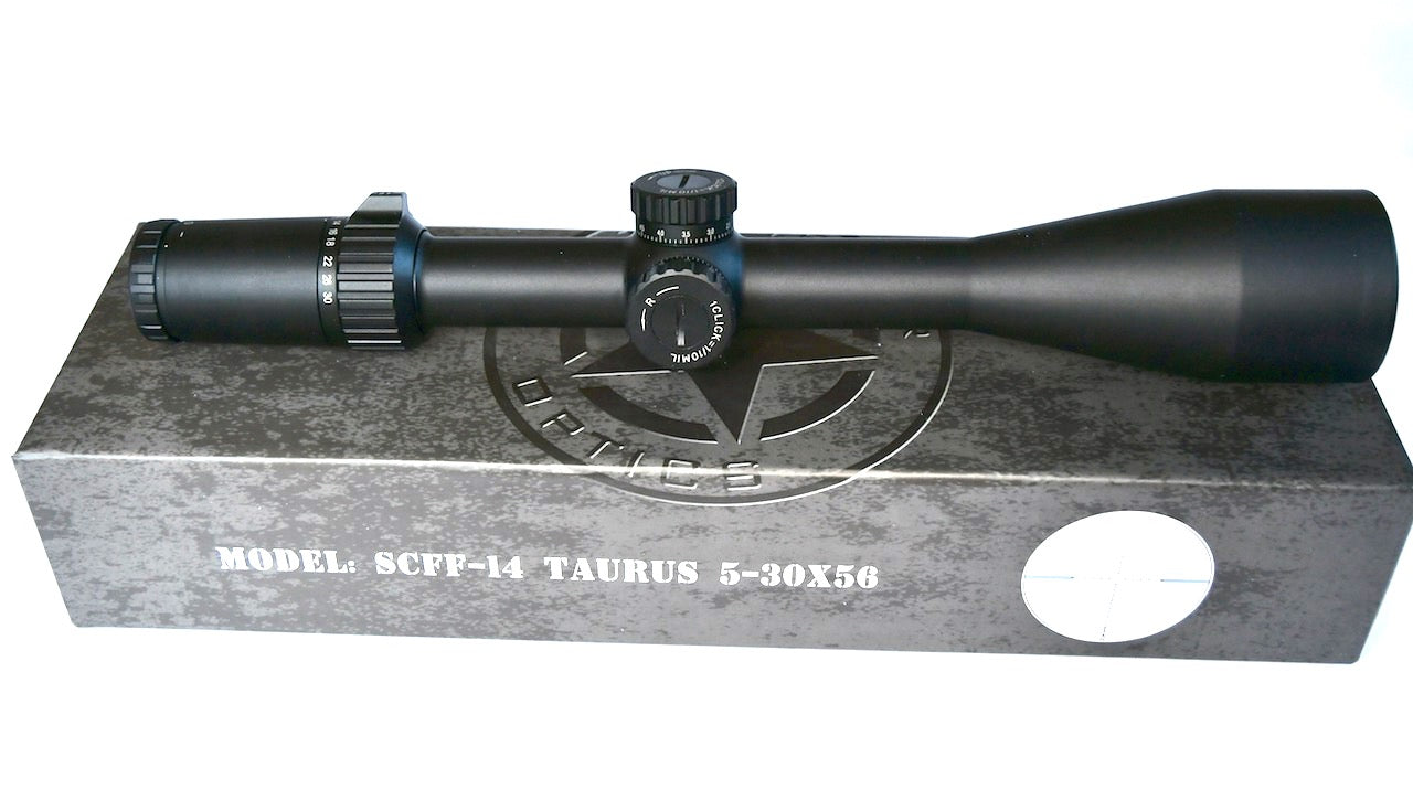 Vector Optics Taurus 5-30X56 German Tech Diamond Clear FFP Tactical Rifle Scope with Red Dot in the Centre of the Reticule.